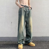 Men Jeans Washed Worn Jeans Loose Wide-Leg Straight Pants